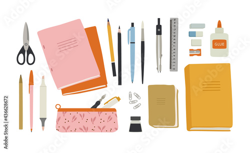 Vector illustration of stationery, office. Notebooks, books, pens, pencils, markers, pencil case, rubber bands, scissors, compasses, paper clips, ink. Suitable for illustrating the learning process.