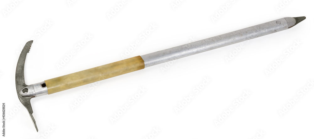 Old ice axe with long metal shaft on white background Old ice axe with long metal shaft on white background