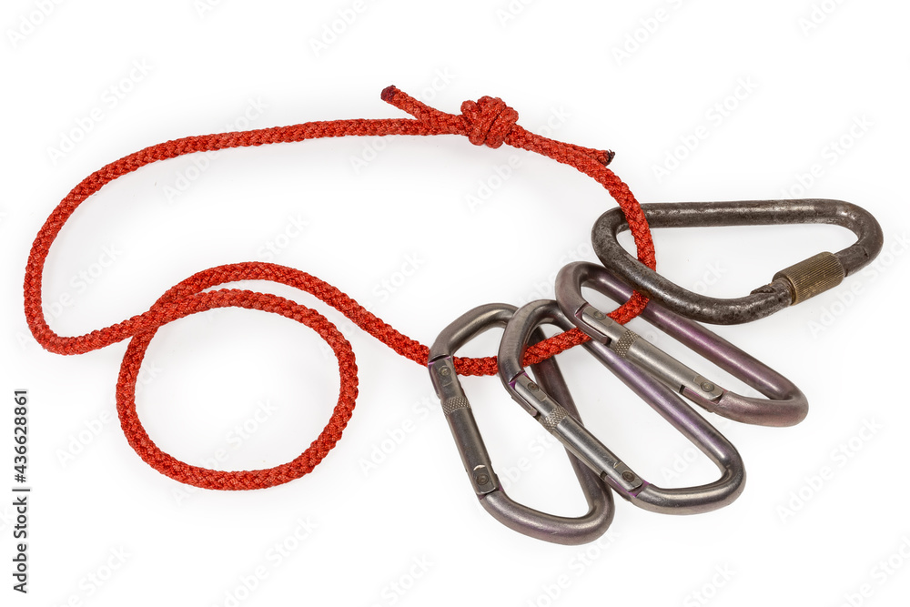 Several different locking and non-locking carabiners on rope loop Several different locking and non-locking carabiners on rope loop