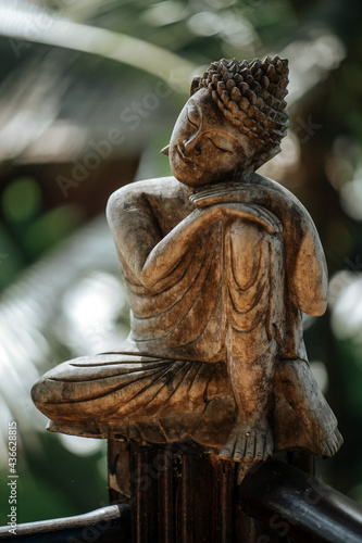 Photos Statuette of Buddha on a background of green leaves close up.