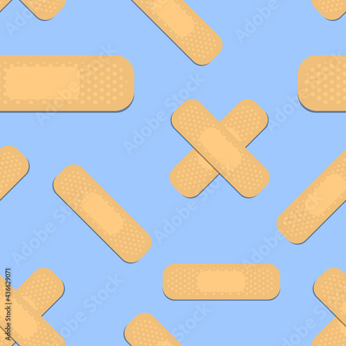 Seamless pattern with sticking plasters. Medical patch repeat texture. On blue background. Stock vector illustration.