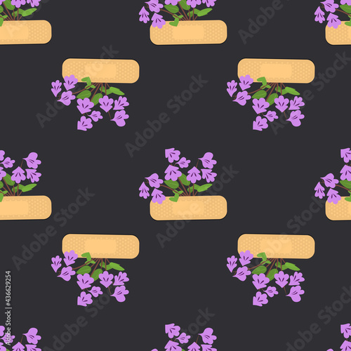 Seamless pattern with sticking plasters and purple flowers. Medical patch repeat texture. On black background. Stock vector illustration.