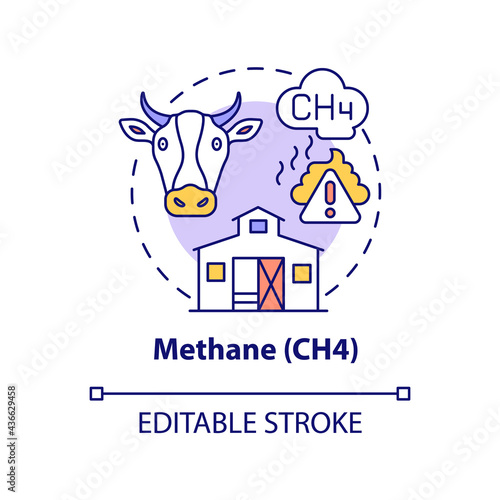 Methane concept icon. CH4 abstract idea thin line illustration. Greenhouse effect contribution. Natural gas component. Livestock raising. Vector isolated outline color drawing. Editable stroke