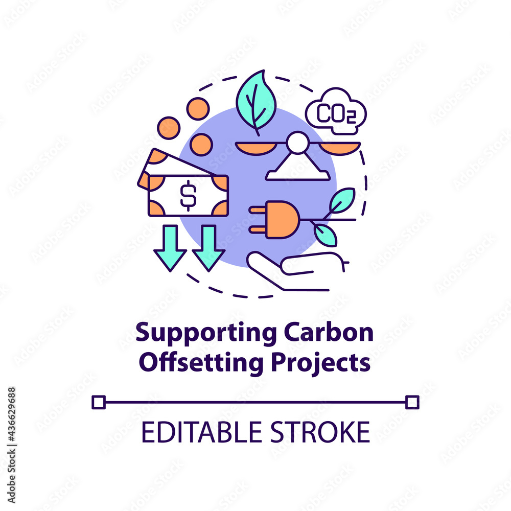 Supporting carbon offsetting projects concept icon. Neutralizing carbon emissions abstract idea thin line illustration. Energy efficiency. Vector isolated outline color drawing. Editable stroke