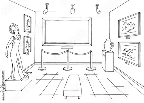 Museum interior graphic black white empty blank picture frame sketch illustration vector 