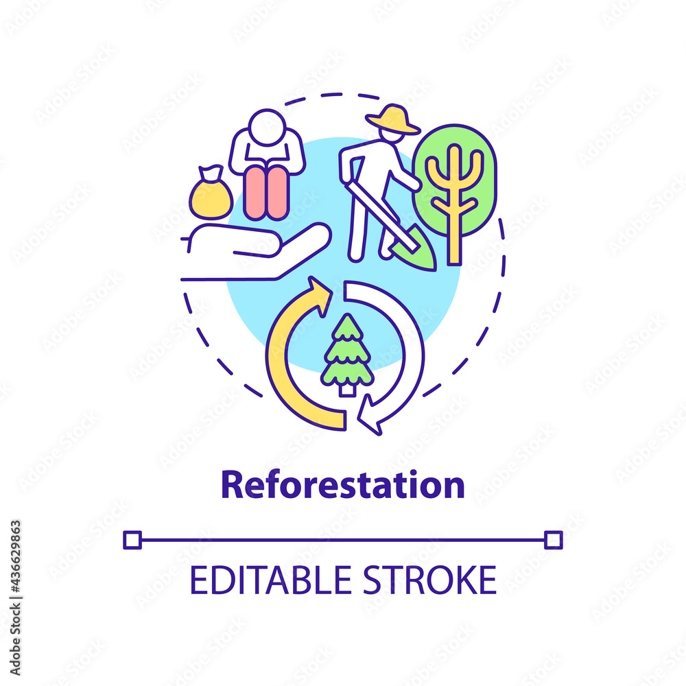 Reforestation concept icon. Carbon offsetting benefit abstract idea thin line illustration. Renewing forest cover. Preserving wildlife. Vector isolated outline color drawing. Editable stroke