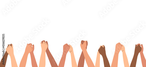 Hands raised up hold each other. Concept for International Day Friendship, Cultural Diversity. Help and tolerance for multicultural people of different races. Template vector illustration