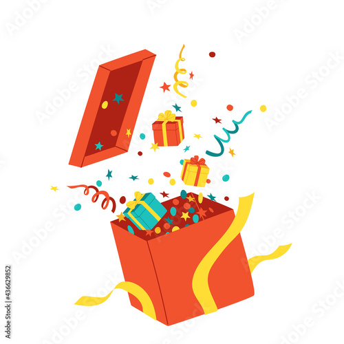 Gift box in the air, from which gifts, streamers and confetti fly out. Surprise concept for birthday, christmas, sale, giveaway. Isolated on white vector illustration.