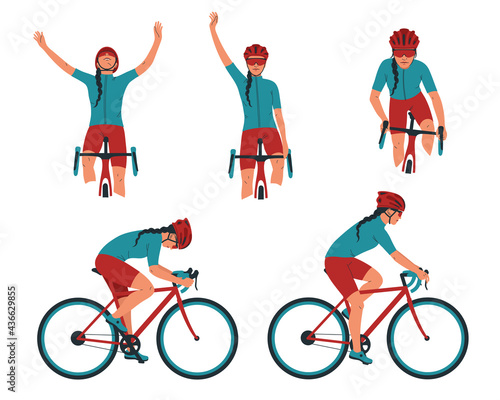 Woman cyclist in action set. Biker on a bicycle race from the side, front. Competition, victory in sports. Collection of vector illustrations isolated on white background.