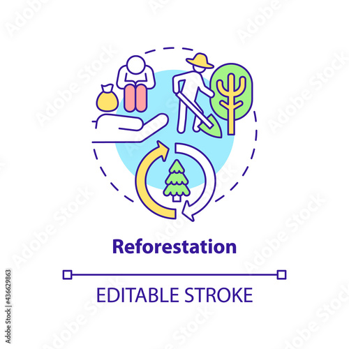 Reforestation concept icon. Carbon offsetting benefit abstract idea thin line illustration. Renewing forest cover. Preserving wildlife. Vector isolated outline color drawing. Editable stroke