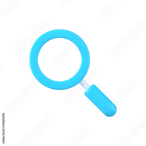 Magnifying 3d loupe vector icon. Blue optical tool for finding details and reading small print.