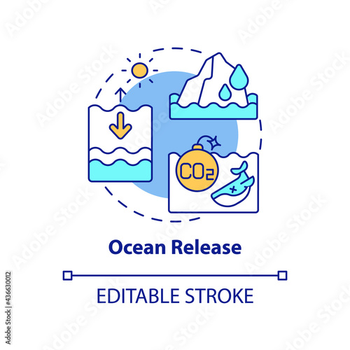 Ocean release concept icon. Natural carbon emissions abstract idea thin line illustration. Ocean warming effects. Changes in water temperature. Vector isolated outline color drawing. Editable stroke