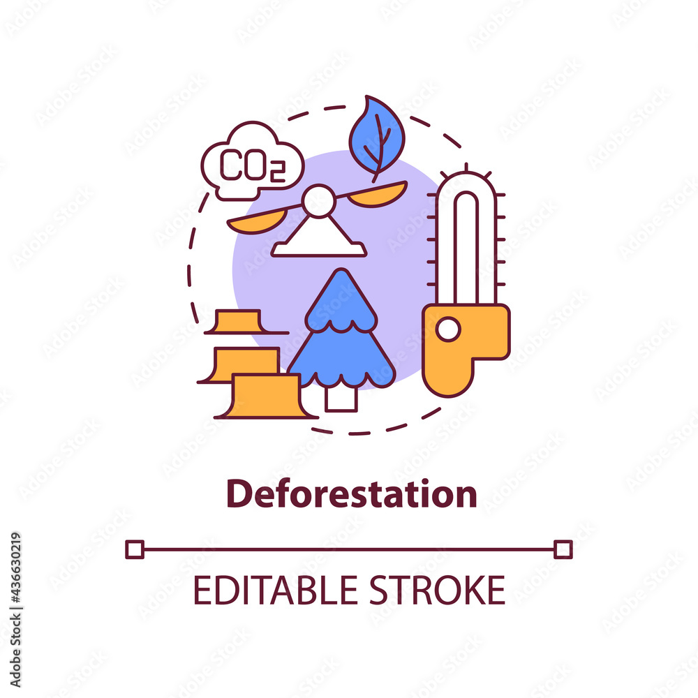 Deforestation concept icon. Human carbon emissions cause abstract idea thin line illustration. Forest degradation. Permanent trees removal. Vector isolated outline color drawing. Editable stroke