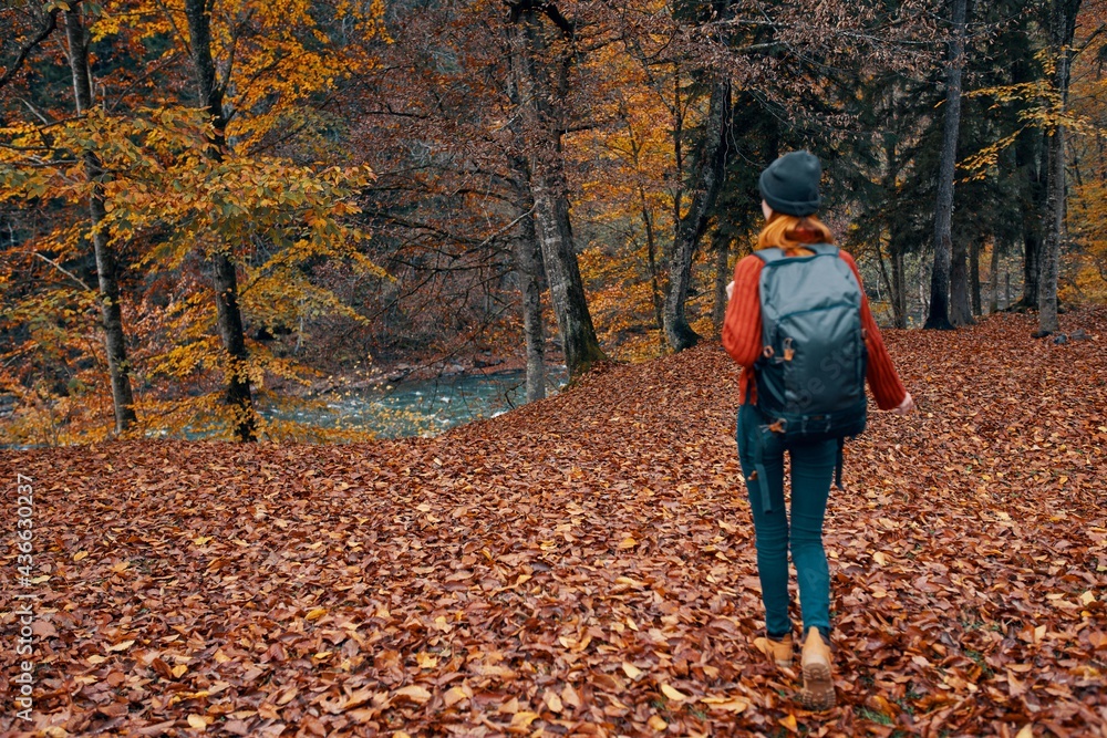 woman tourist with a backpack walking in the park with fallen leaves in autumn in nature woman tourist with a backpack walking in the park with fallen leaves in autumn in nature