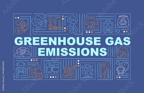 Greenhouse gas emissions word concepts banner. Atmospheric concentration. Infographics with linear icons on blue background. Isolated creative typography. Vector outline color illustration with text