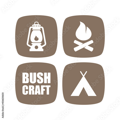 Vector brown bushcraft motif with four icons tent, fireplace, light. Isolated on white background.
