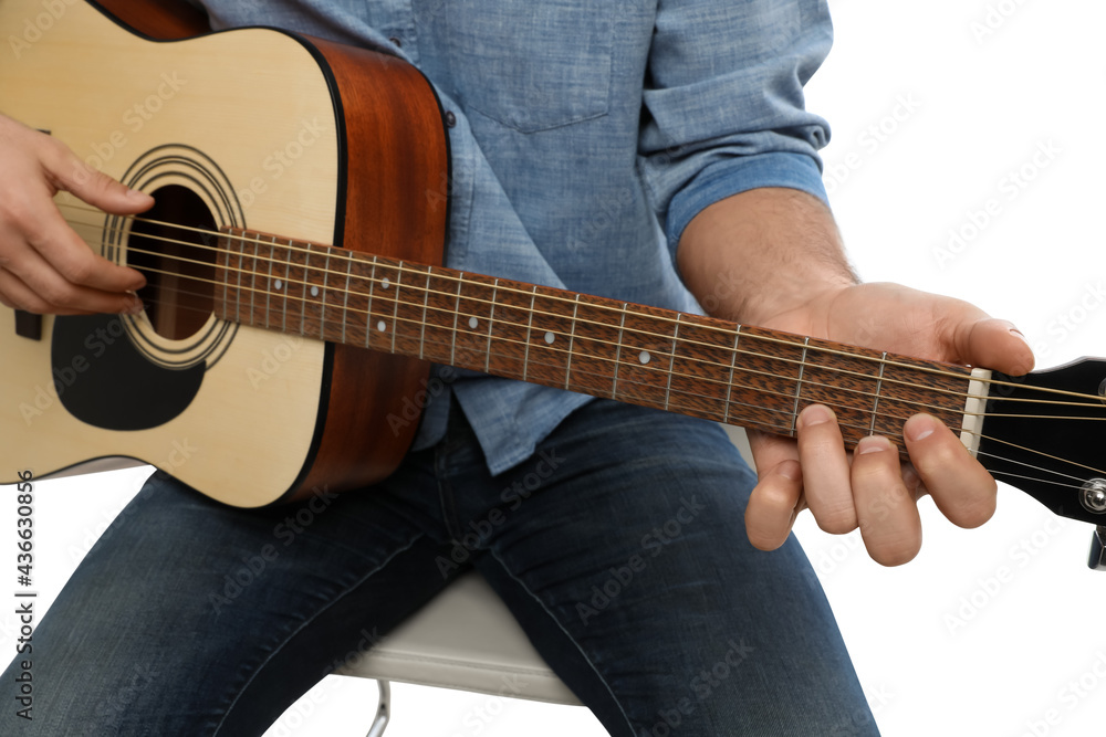Man playing guitar on white background, closeup. Music teacher
