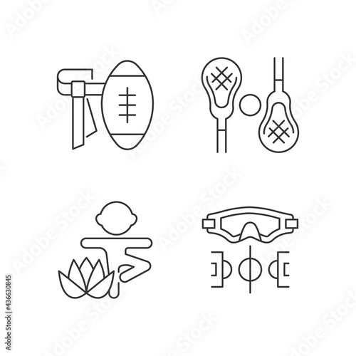 Summer camp activities linear icons set. Flag football. Lacrosse. Kids yoga. Water polo. Body workout. Customizable thin line contour symbols. Isolated vector outline illustrations. Editable stroke