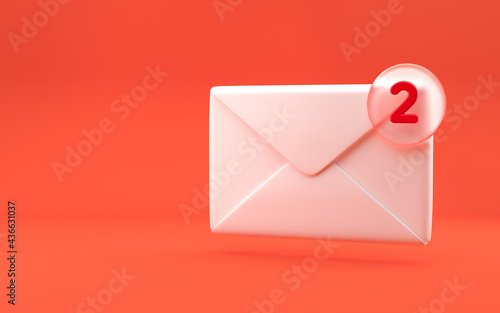 Mail sign with transparent glass notification badge on the bright red background. Closed envelope. Realistic concept. 3d rendering