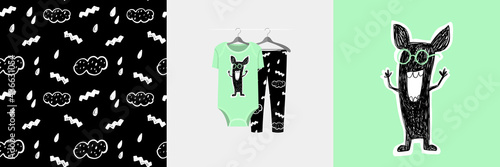 Seamless pattern and illustration for kid with funny toothy monster