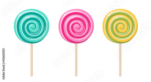 Lollipop, round spiral candy on stick. Mint, strawberry, lemon and fruit taste lollypops. Vector cartoon set of hard sugar caramel with striped swirls on wooden stick isolated on white background © PollyVa