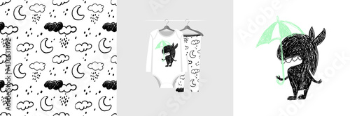 Seamless pattern and illustration for kid with funny toothy monster