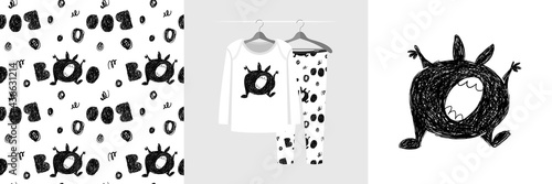 Seamless pattern and illustration for kid with funny toothy monster