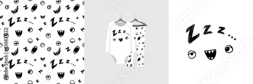 Seamless pattern and illustration for kid with funny toothy monster