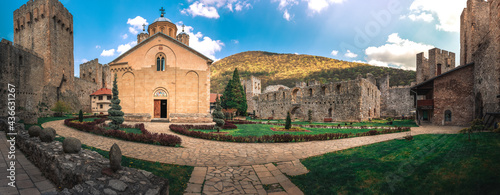 Inside of Manasija monastery panorama photo