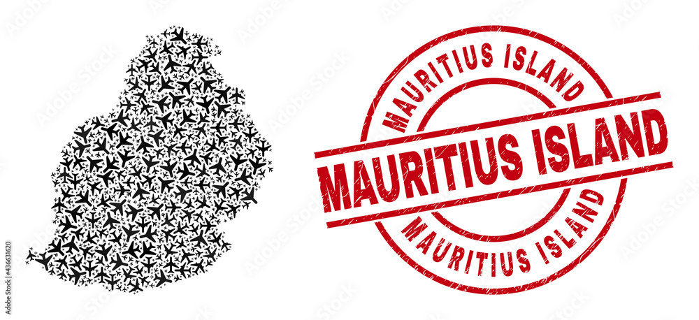 Mauritius Island rubber stamp, and Mauritius Island map collage of airplane elements. Collage Mauritius Island map created using airplanes. Red stamp with Mauritius Island word, Mauritius Island rubber stamp, and Mauritius Island map collage of airplane elements. Collage Mauritius Island map created using airplanes. Red stamp with Mauritius Island word,