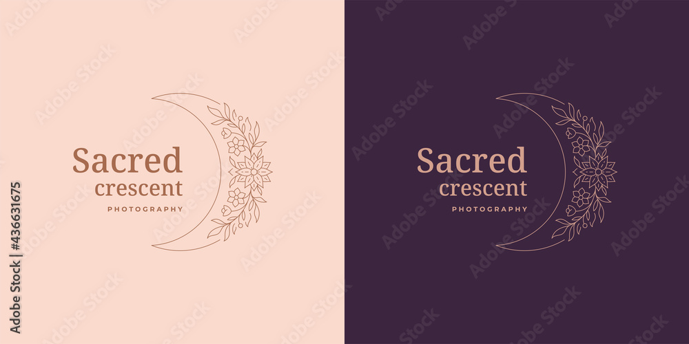 Moon crescent with flowers logo emblem design template vector illustration in minimal line art style Moon crescent with flowers logo emblem design template vector illustration in minimal line art style