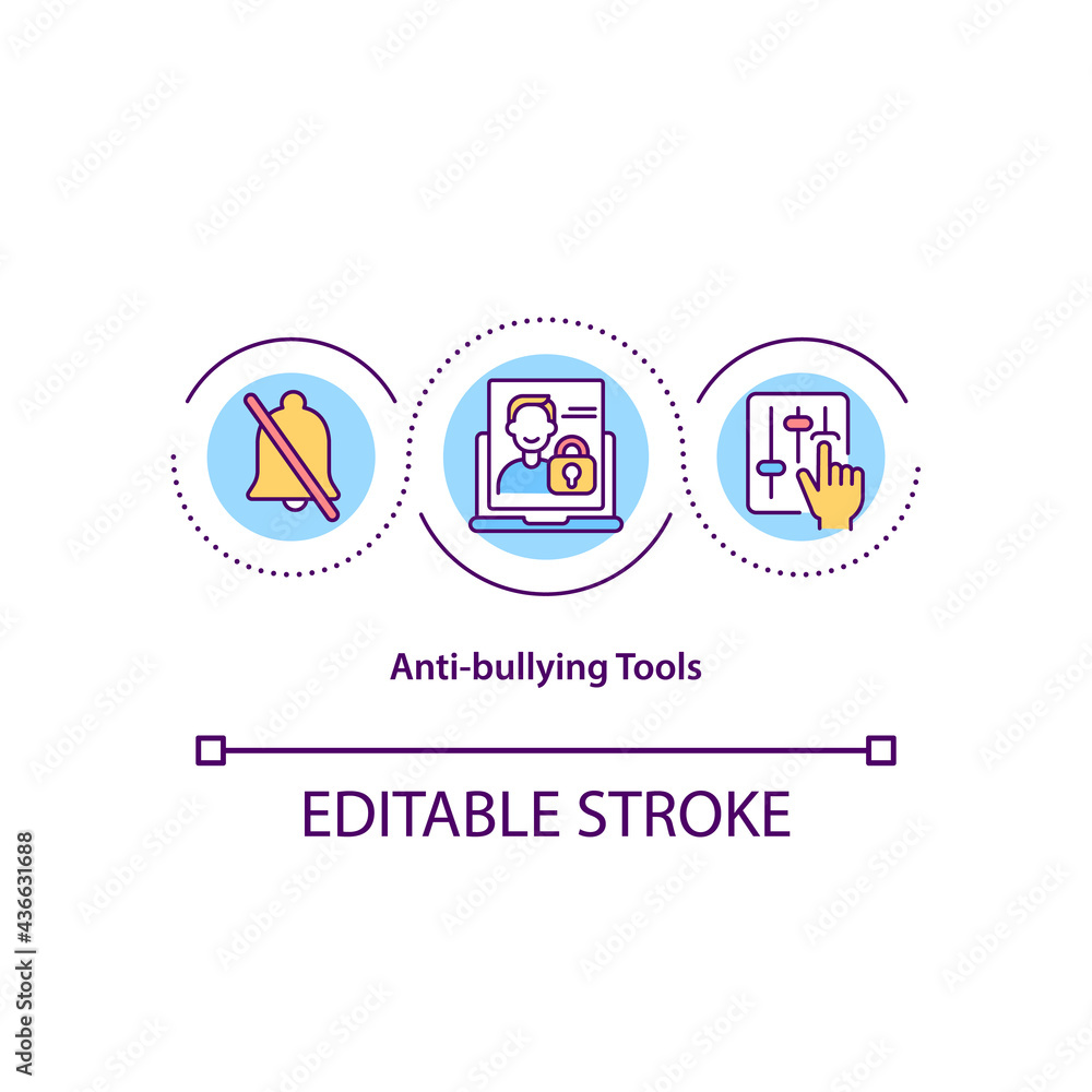 Anti-bullying tools concept icon. Bullying prevention idea thin line illustration. Comments moderation. Offensive accounts blocking. Vector isolated outline RGB color drawing. Editable stroke