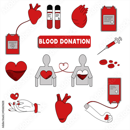 Hand drawn doodle Donation icons set. Vector illustration. Cartoon donate sketch elements: blood donation, heart, giving hand,help, care,syringe,blood bag,donor  photo