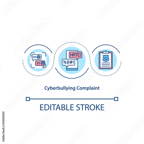 Cyberbullying complaint concept icon. Reporting harmful content in social media idea thin line illustration. Collecting evidence. Vector isolated outline RGB color drawing. Editable stroke