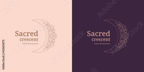 Moon crescent with flowers logo emblem design template vector illustration in minimal line art style