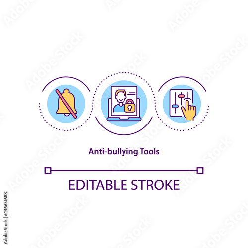 Anti-bullying tools concept icon. Bullying prevention idea thin line illustration. Comments moderation. Offensive accounts blocking. Vector isolated outline RGB color drawing. Editable stroke