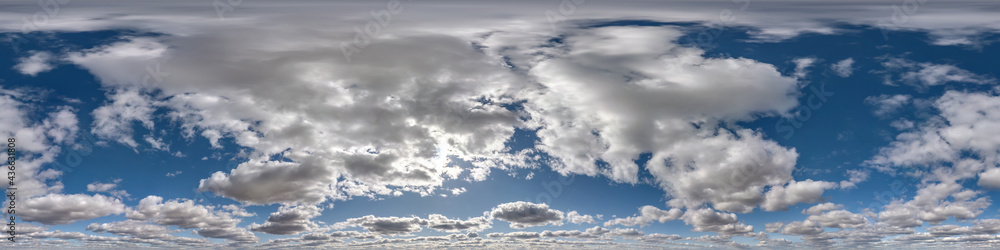 Obraz premium cloudy blue sky hdri panorama 360 degrees angle view with zenith and beautiful clouds for use in 3d graphics as sky dome or edit drone shot