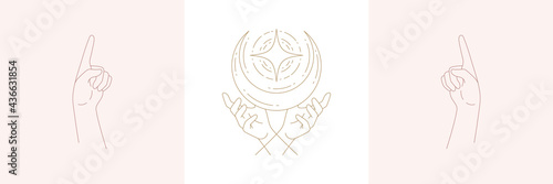 Woman hands and moon crescent in boho linear style vector illustrations set.