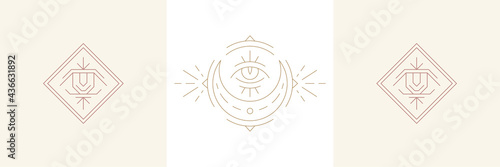Magical eye of wisdom and moon crescent in boho linear style vector illustrations set.