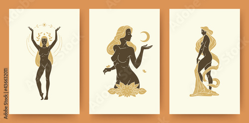 Set of abstract female portraits and silhouettes modern line art drawing style