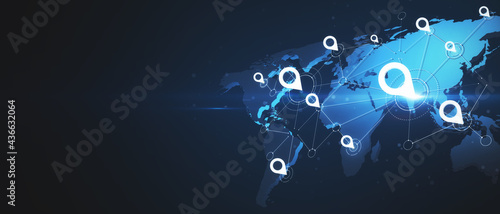 Blank dark backdrop with copyspace and virtual world map with glowing pins location, navigation concept. 3D rendering, mockup