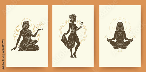 Set of abstract female silhouettes modern line art drawing style