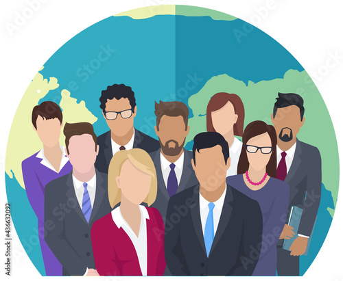 Businesspeople standing in front of large world globe. Office employees in business suits against background of planet. People care about ecology and environment on Earth. Characters work with planet