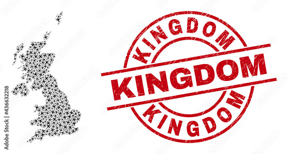 Kingdom distress badge, and United Kingdom map mosaic of air force elements. Mosaic United Kingdom map created with air force symbols. Red badge with Kingdom caption, and scratched rubber texture. Kingdom distress badge, and United Kingdom map mosaic of air force elements. Mosaic United Kingdom map created with air force symbols. Red badge with Kingdom caption, and scratched rubber texture.