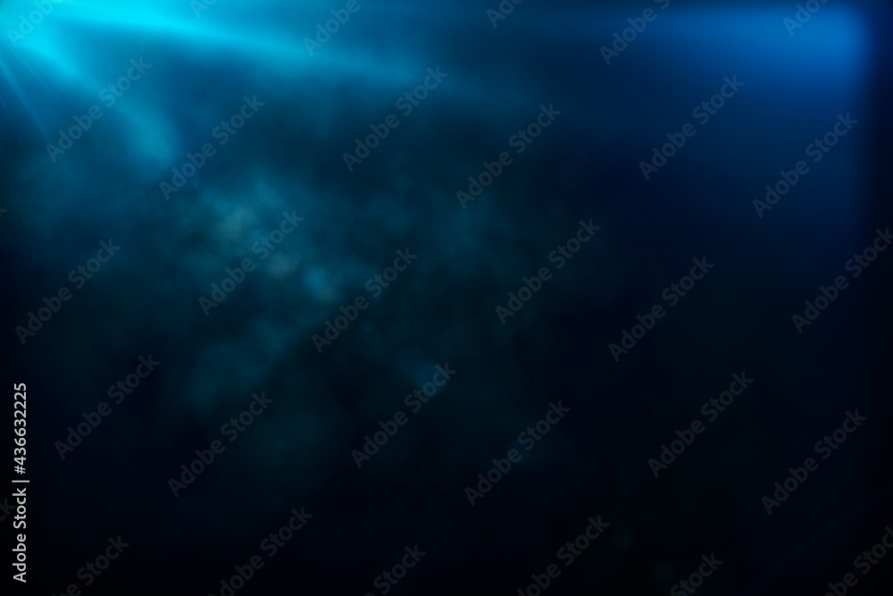 Blurry smoke and blue color ray of light from the top on blank dark background. Mockup