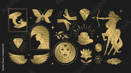 Magic woman boho vector illustrations of graceful feminine women and esoteric symbols set