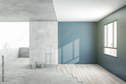Apartment renovation process with stylish blue shades walls and wooden parquet floor from concrete floor and top photo