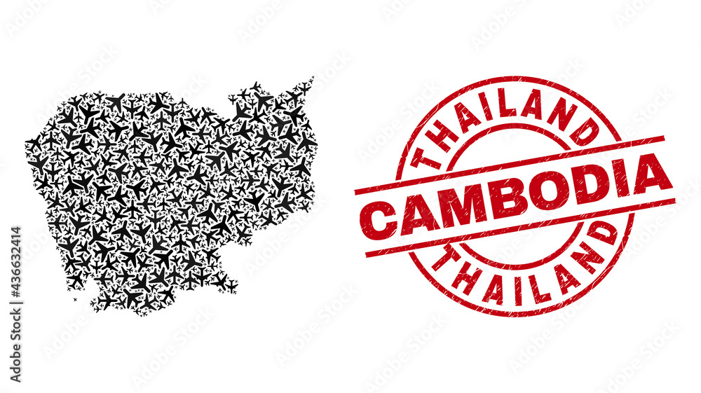 Thailand Cambodia scratched badge, and Cambodia map collage of air plane elements. Collage Cambodia map created with air planes. Red badge with Thailand Cambodia caption, and corroded rubber texture. Thailand Cambodia scratched badge, and Cambodia map collage of air plane elements. Collage Cambodia map created with air planes. Red badge with Thailand Cambodia caption, and corroded rubber texture.