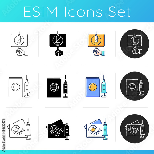 Vaccine injection icons set. Anti vaxxer activist movement. Covid passport. Fake certificate. Campaign against immunization. Linear, black and RGB color styles. Isolated vector illustrations