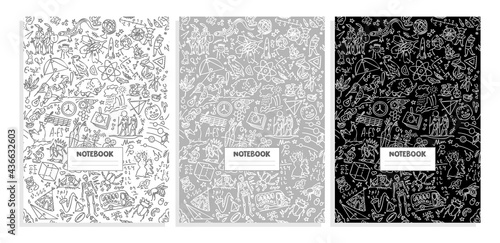 School notebook cover. Set College Notebooks. Background with hand drawn ink school drawings. Vector illustrations
